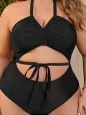 Black Cutout Tie-Front One-Piece Swimsuit. Name: Split Ways